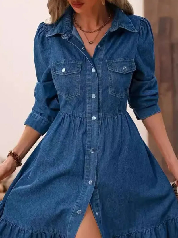 Fashion Ruffles Women Blue Denim Dress