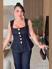 Women Vintage Denim Top Pant Set Square Collar Single Breasted Tank High Waist Jeans Female Sets 2025 Fashion Y2k  Denim Outfits