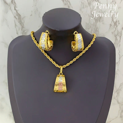 Tri-Tone Gold Plated Jewelry Set - Pendant & Earrings