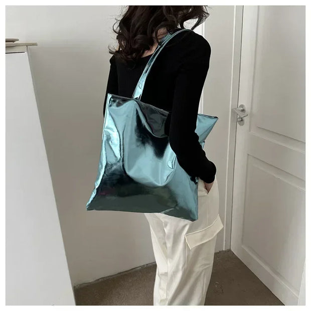Shiny Metallic Leather Tote  Bag