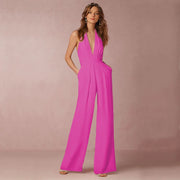 Jumpsuits Women Sexy Playsuits Deep V-neck Sleeveless Halter Neck Backless High Waist Wide Leg Jumpsuit Elegant Party Banquet