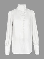 Chic High-Neck Satin Blouse - Classic White