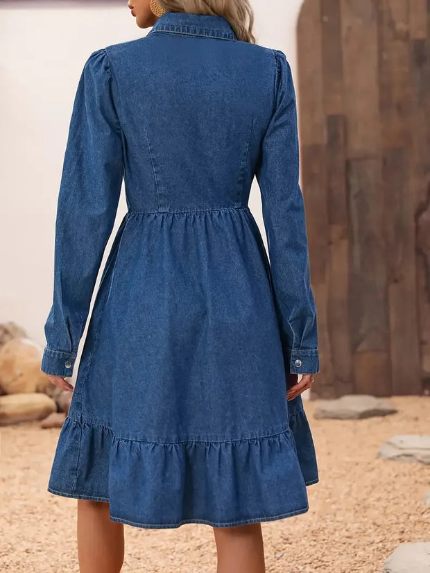 Fashion Ruffles Women Blue Denim Dress