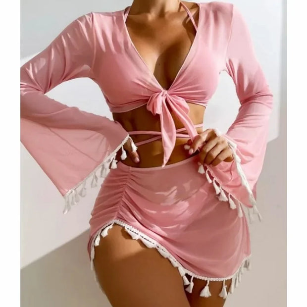 Tassel Tie Bikini Set with Cover-Up