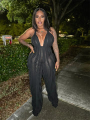 Plunge Neck Textured Maxi Jumpsuit