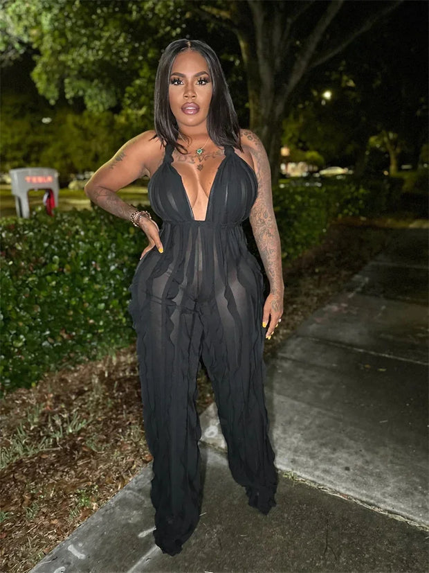 Plunge Neck Textured Maxi Jumpsuit