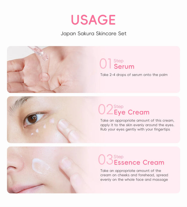 3pcs/set Sakura Skin Care Sets Face Cream Serum Eye Cream Face