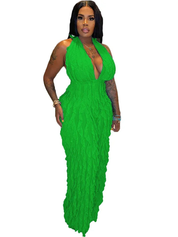Plunge Neck Textured Maxi Jumpsuit