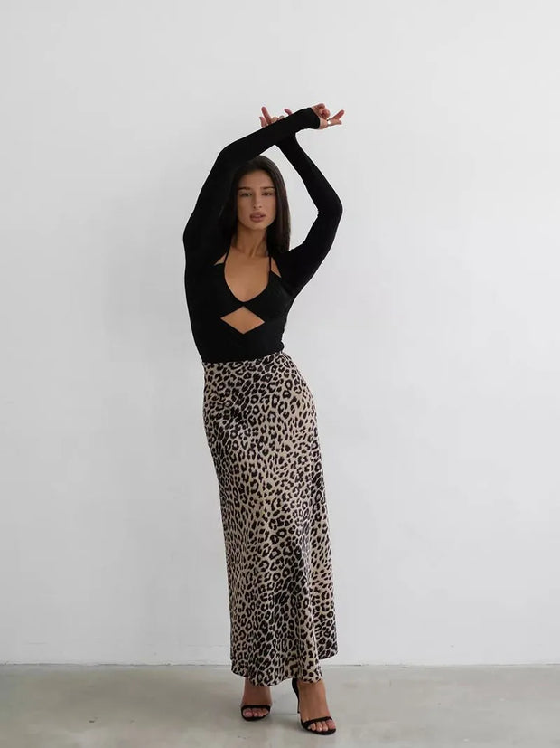 Vintage Leopard Print Satin High-Waist Skirt