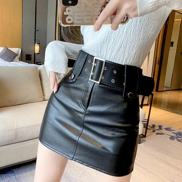 High-Waist Faux Leather Mini Skirt with Belt