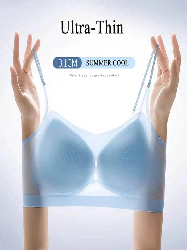 Ultra Thin Ice Silk Seamless Underwear Women Plus Size Sexy Top Soft Breathable Wireless Solid Lingerie Gathered Padded Bra