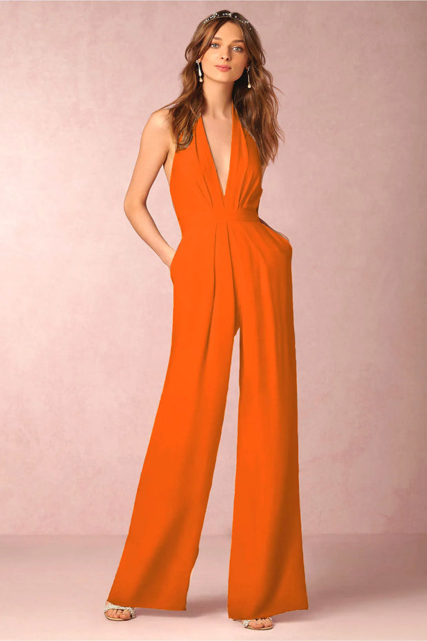 Jumpsuits Women Sexy Playsuits Deep V-neck Sleeveless Halter Neck Backless High Waist Wide Leg Jumpsuit Elegant Party Banquet