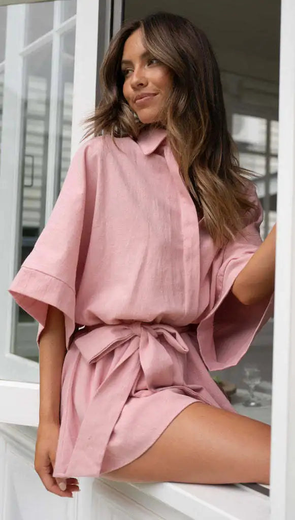Women's Jumpsuit Spring/summer New Style With Collar Mid Sleeves Waist Strap Fashionable Loose Short Style Solid Color Jumpsuit