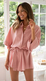 Women's Jumpsuit Spring/summer New Style With Collar Mid Sleeves Waist Strap Fashionable Loose Short Style Solid Color Jumpsuit