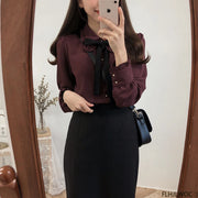 Bow Tie Long Sleeve Blouse Top