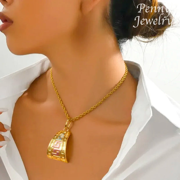 Tri-Tone Gold Plated Jewelry Set - Pendant & Earrings