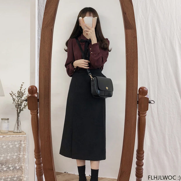 Bow Tie Long Sleeve Blouse Top