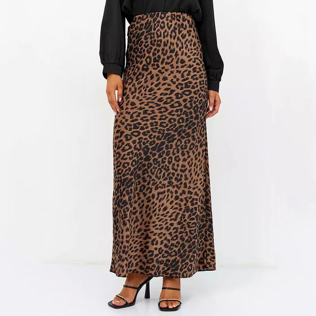 Vintage Leopard Print Satin High-Waist Skirt