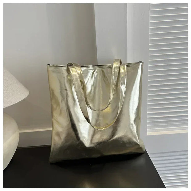 Shiny Metallic Leather Tote  Bag