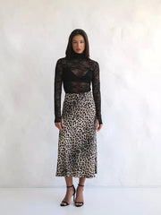 Vintage Leopard Print Satin High-Waist Skirt