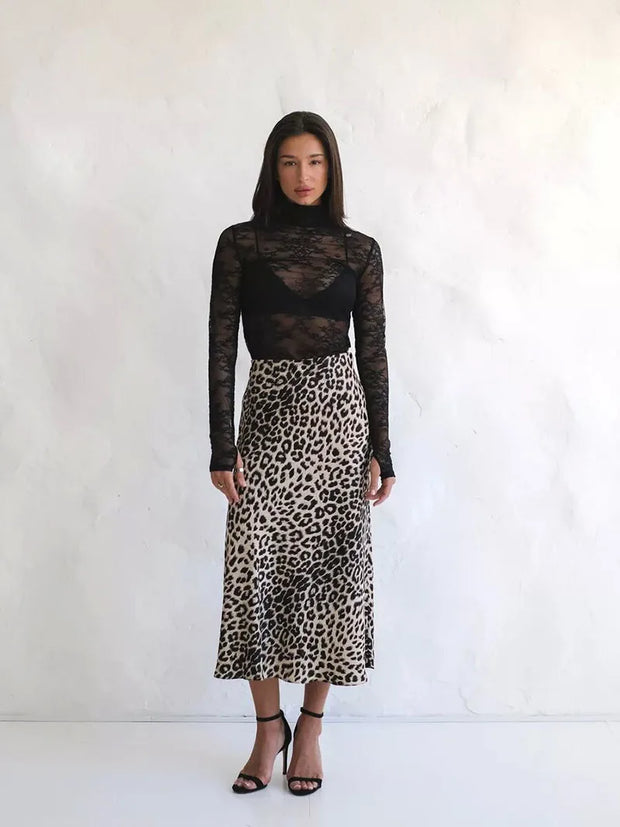 Vintage Leopard Print Satin High-Waist Skirt