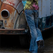 Fashion Punk Style Large Flared Jeans Men's Four Seasons Street Casual High Waist Splice Pocket Denim Pants Male Youth Trousers