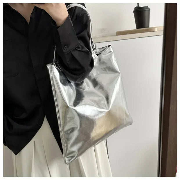Shiny Metallic Leather Tote  Bag