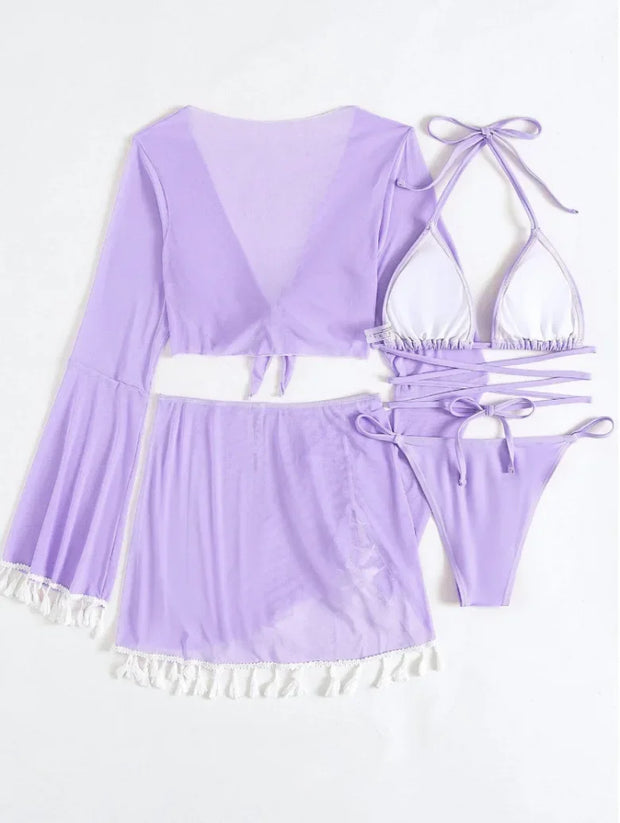 Tassel Tie Bikini Set with Cover-Up