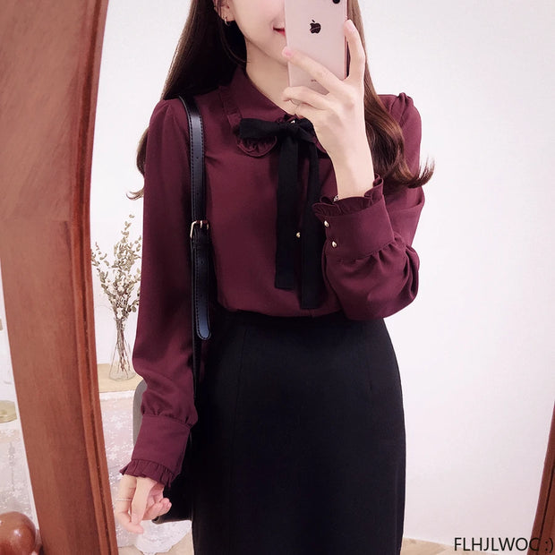 Bow Tie Long Sleeve Blouse Top