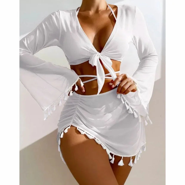Tassel Tie Bikini Set with Cover-Up