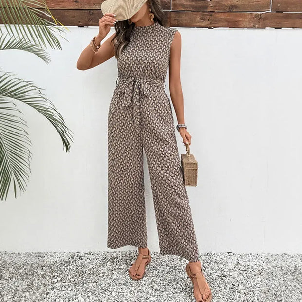 Boho Print Sleeveless Tie-Waist Jumpsuit