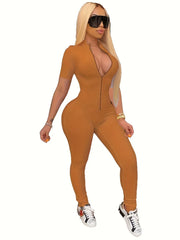 Curve-Hugging Zip-Front Casual Jumpsuit