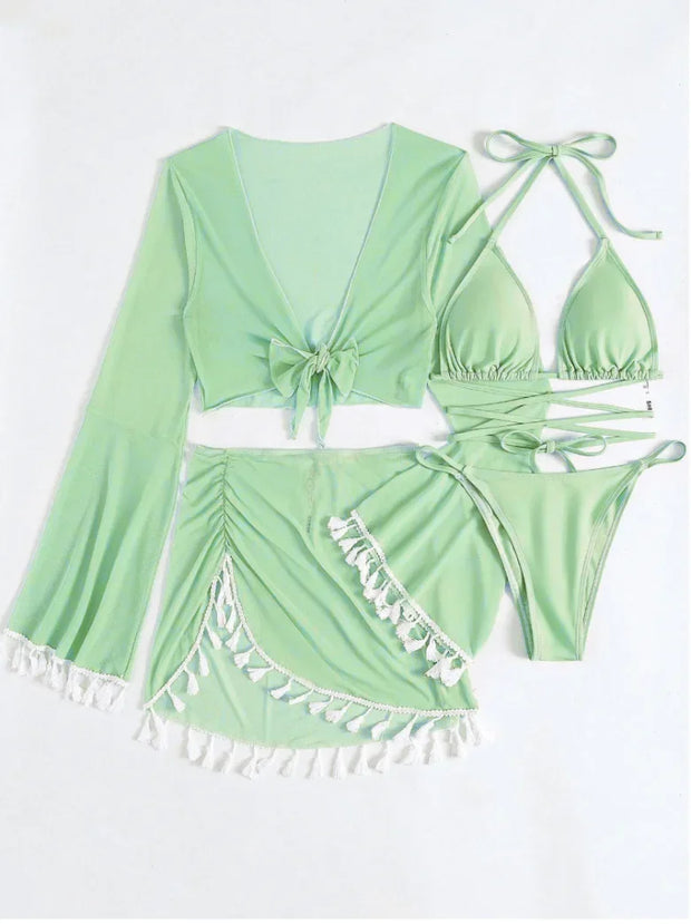 Tassel Tie Bikini Set with Cover-Up