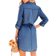 Fashion Women Casual Denim Dress Solid Color Long Sleeve Button-Down Lapel Short Dress with Belt Shirts Dress