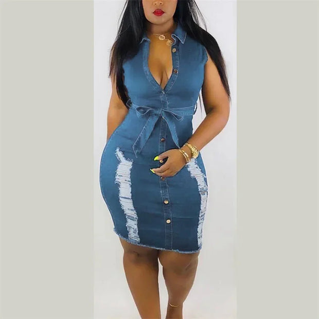 Fashion High Waist Lace-up Denim Dresses Women