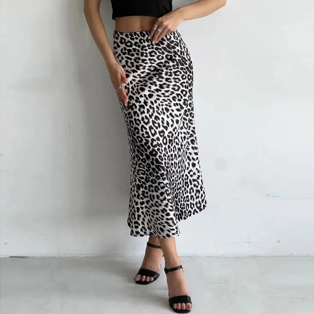 Vintage Leopard Print Satin High-Waist Skirt
