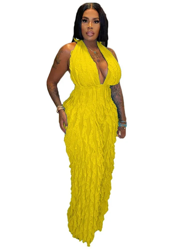 Plunge Neck Textured Maxi Jumpsuit