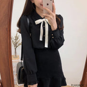 Bow Tie Long Sleeve Blouse Top
