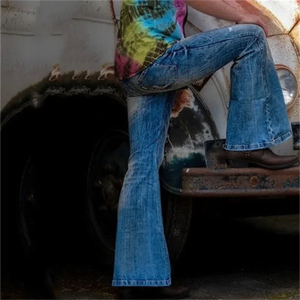 Fashion Punk Style Large Flared Jeans Men's Four Seasons Street Casual High Waist Splice Pocket Denim Pants Male Youth Trousers
