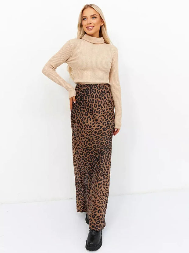 Vintage Leopard Print Satin High-Waist Skirt