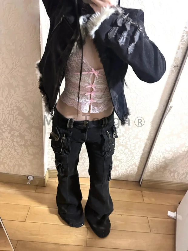 Grunge Japanese Fashion Chic Jeans Women Harajuku Gyaru Y2K Denim Slim Cargo Pants Cyber Punk Hip-pop 2000s Aesthetic Tomboy New