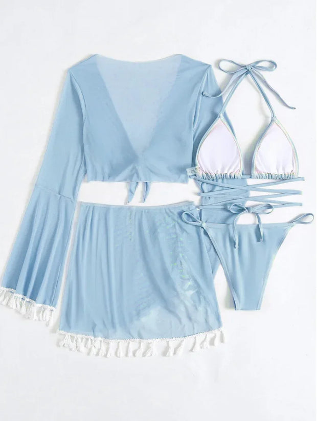 Tassel Tie Bikini Set with Cover-Up