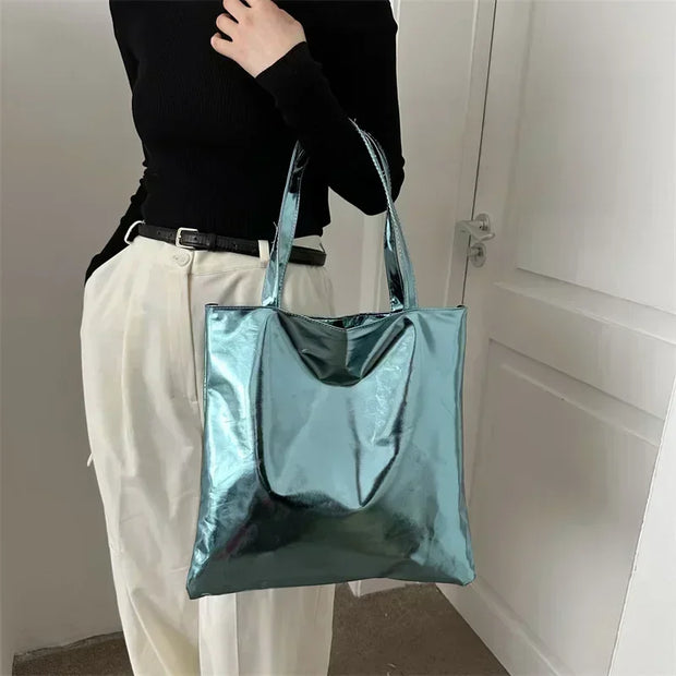 Shiny Metallic Leather Tote  Bag