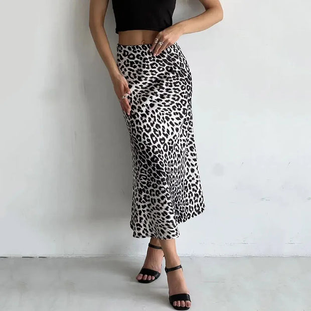 Vintage Leopard Print Satin High-Waist Skirt