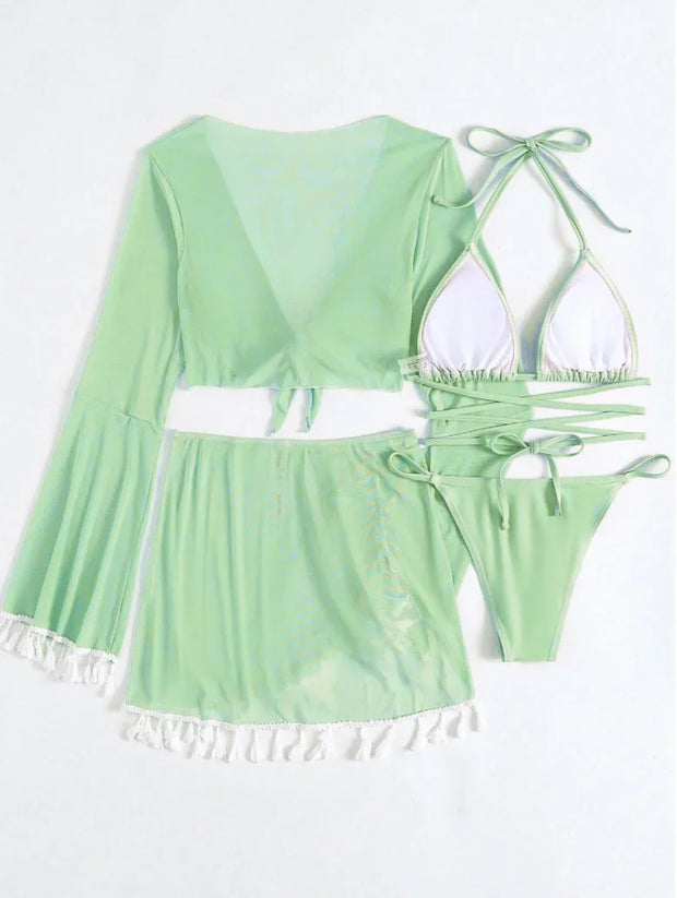 Tassel Tie Bikini Set with Cover-Up