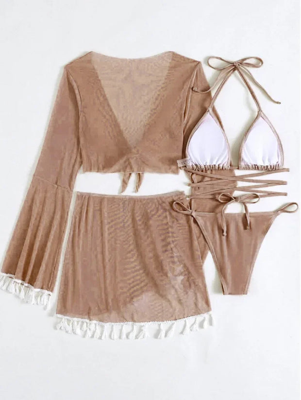 Tassel Tie Bikini Set with Cover-Up