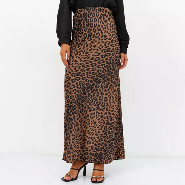 Vintage Leopard Print Satin High-Waist Skirt