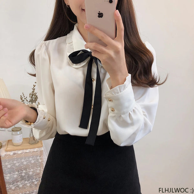 Bow Tie Long Sleeve Blouse Top