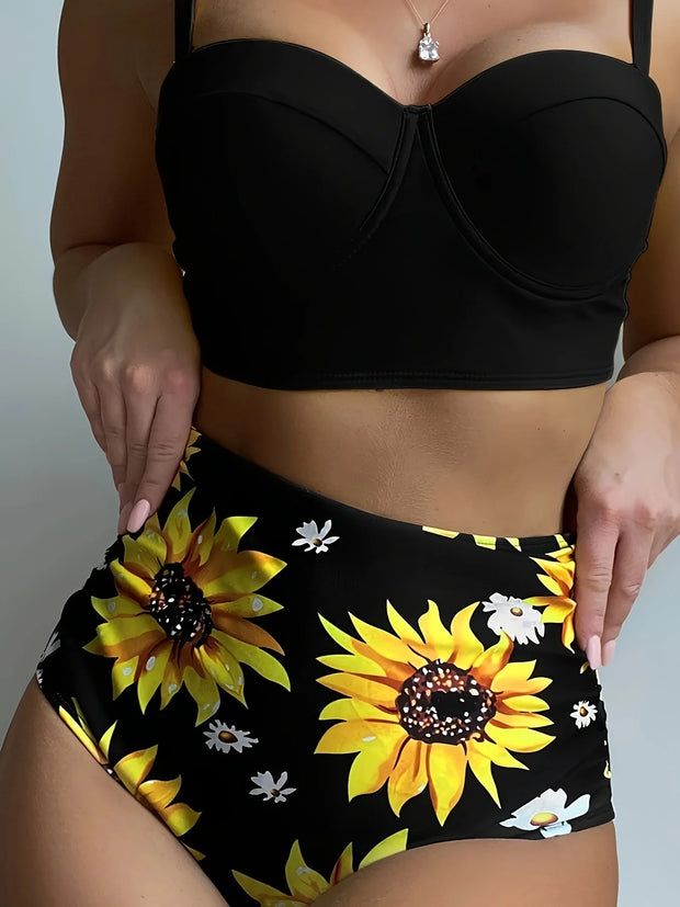 Sunflower Print High-Waist Bikini Set