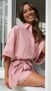 Women's Jumpsuit Spring/summer New Style With Collar Mid Sleeves Waist Strap Fashionable Loose Short Style Solid Color Jumpsuit